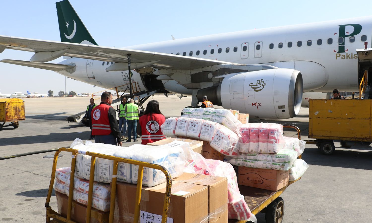 "الهلال الأحمر السوري" يتسلم طارئة مساعدات باكستانية محملة بخمسة أطنان من المواد الإغاثية- 27 شباط 2023 (الهلال الأحمر السوري/ فيس بوك)
