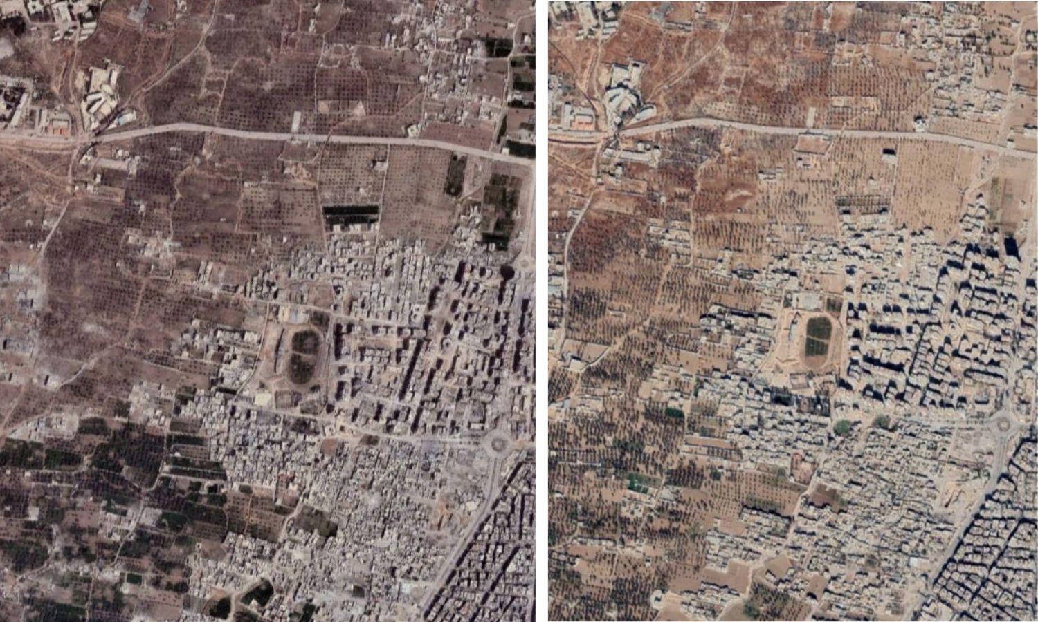تُظهر صور الأقمار الصناعية الملتقطة سرعة حصول الدمار الذي حل بمنطقة حرستا في كانون الأول 2017، آذار 2018 (المركز السوري للعدالة والمساءلة)