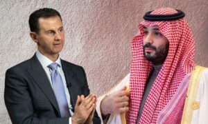 ولي العهد السعودي الأمير محمد بن سلمان و رئيس النظام السوري بشار الأسد (تعديل عنب بلدي)
