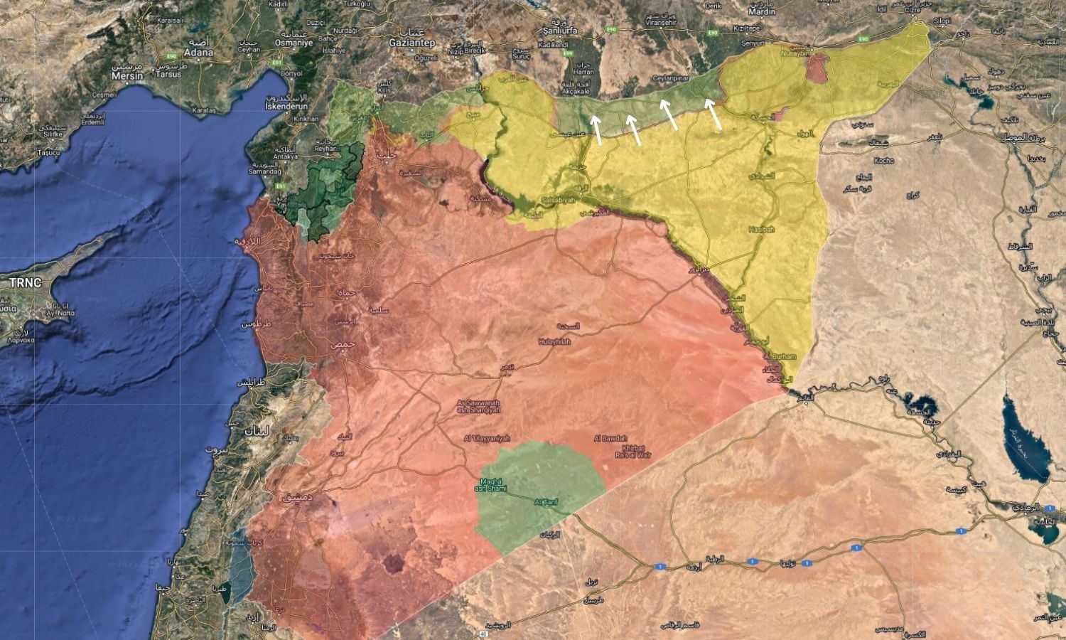 خريطة توضح مكان إقامة منطقة عسكرية "محظورة" بعمق 300 متر في مدينتي تل أبيض ورأس العين شمال شرقي سوريا (Guerra map)
