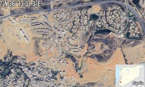خارطة نظهر أحد المواقع التي طالتها الغارات الإسرائيلية في محيط العاصمة السورية، دمشق- 28 من أيار 2023 (ألما/ تويتر)