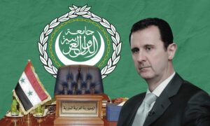 رئيس النظام السوري بشار الأسد ومقعد سوريا في الجامعة العربية مع شعار جامعة الدول العربية في الخلفية - (تعديل عنب بلدي)
