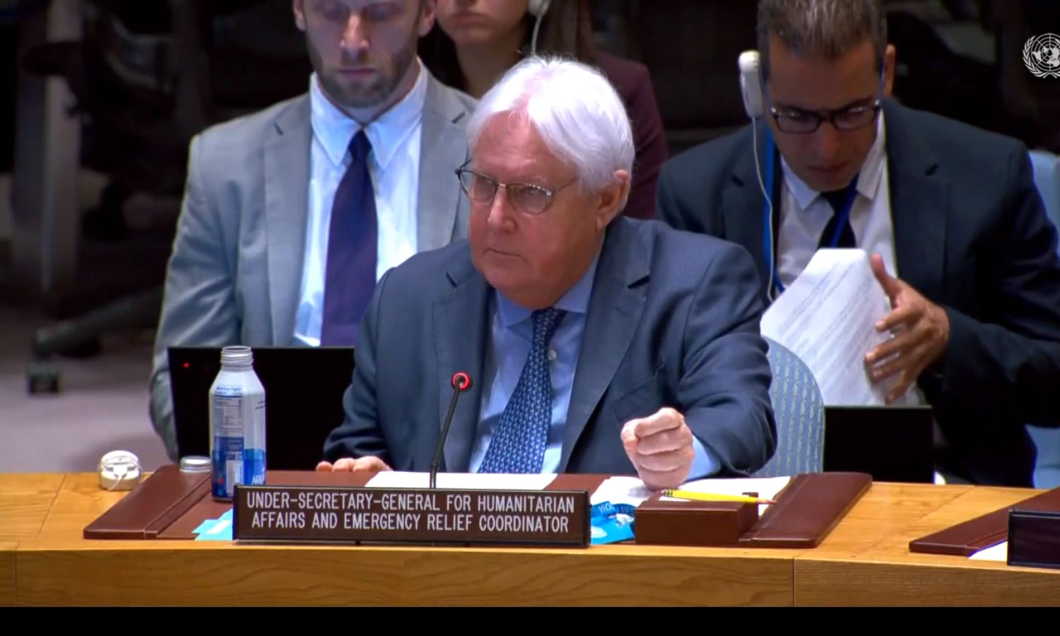 مارتن غريفيث، وكيل الأمين العام للأمم المتحدة، ومنسق الإغاثة في حالات الطوارئ يدلي بإحاطة في مجلس الأمن حول الاحتياجات الإنسانية في سوريا- 29 من حزيران 2023 (الأمم المتحدة/ لقطة شاشة)