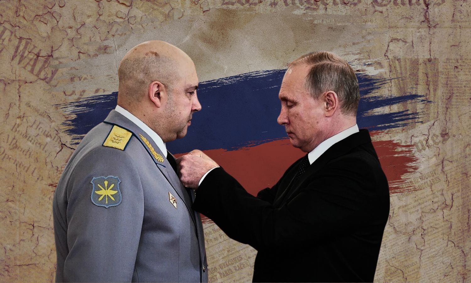 ورد اسم الجنرال سيرجي سوروفكين إلى جانب الرئيس الروسي فلاديمير بوتين بتقرير حقوقي حول انتهاكات متعمدة لحقوق الإنسان في سوريا عام 2020 (تعديل عنب بلدي)