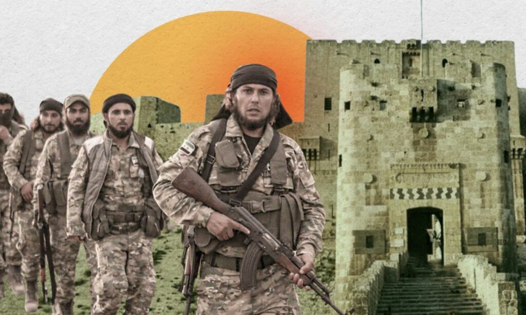 مقاتلون في "الجيش الوطني السوري" وخلفهم قلعة حلب (تعديل عنب بلدي)