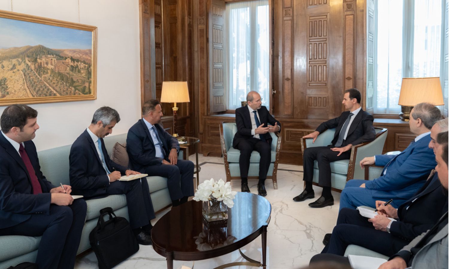 وزير الخارجية الأردني أيمن الصفدي يلتقي الأسد في دمشق لبحث الملف السوري- 3 من تموز 2023 (سانا)