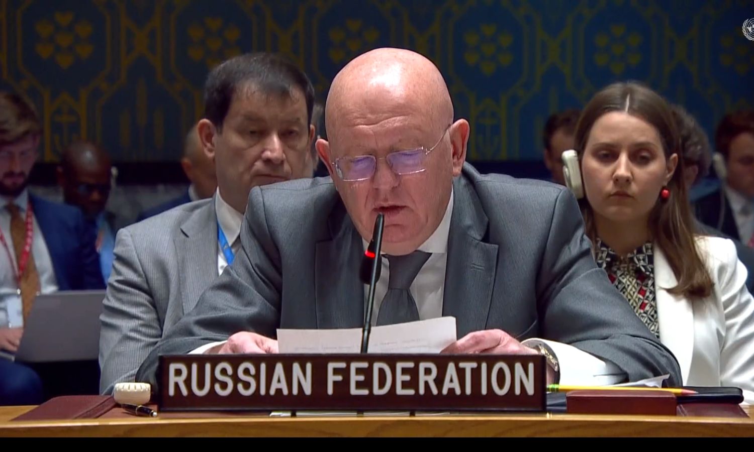 مندوب روسيا لدى الأمم المتحدة يلوح بإغلاق مسار المساعدات عبر الحدود إلى سوريا في جلسة مجلس الأمن- 11 من تموز 2023 (مجلس الأمن/ لقطة شاشة)