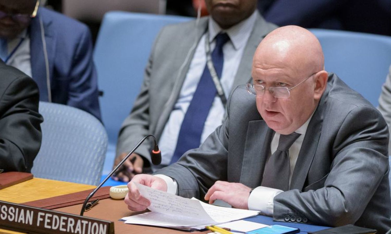 المندوب الروسي في مجلس الأمن الدولي يعترض على مشروع قرار سويسري برازيلي لتمرير المساعدات عبر الحدود إلى سوريا- 11 من تموز 2023 (الأمم المتحدة)