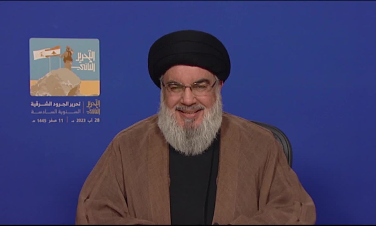 أمين عام "حزب الله" اللبناني، حسن نصر الله، خلال كلمة متلفزة- 28 من آب 2023 (المنار)