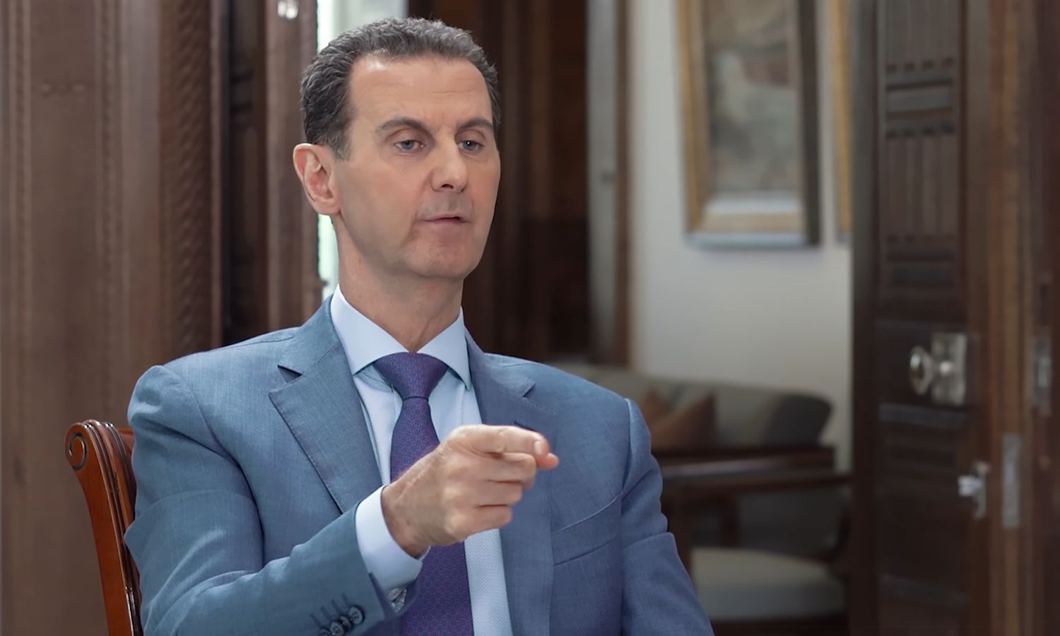 الأسد خلال حديث خاص إلى قناة "سكاي نيوز عربية"- 9 من آب 2023 (رئاسة الجمهورية/ لقطة شاشة)