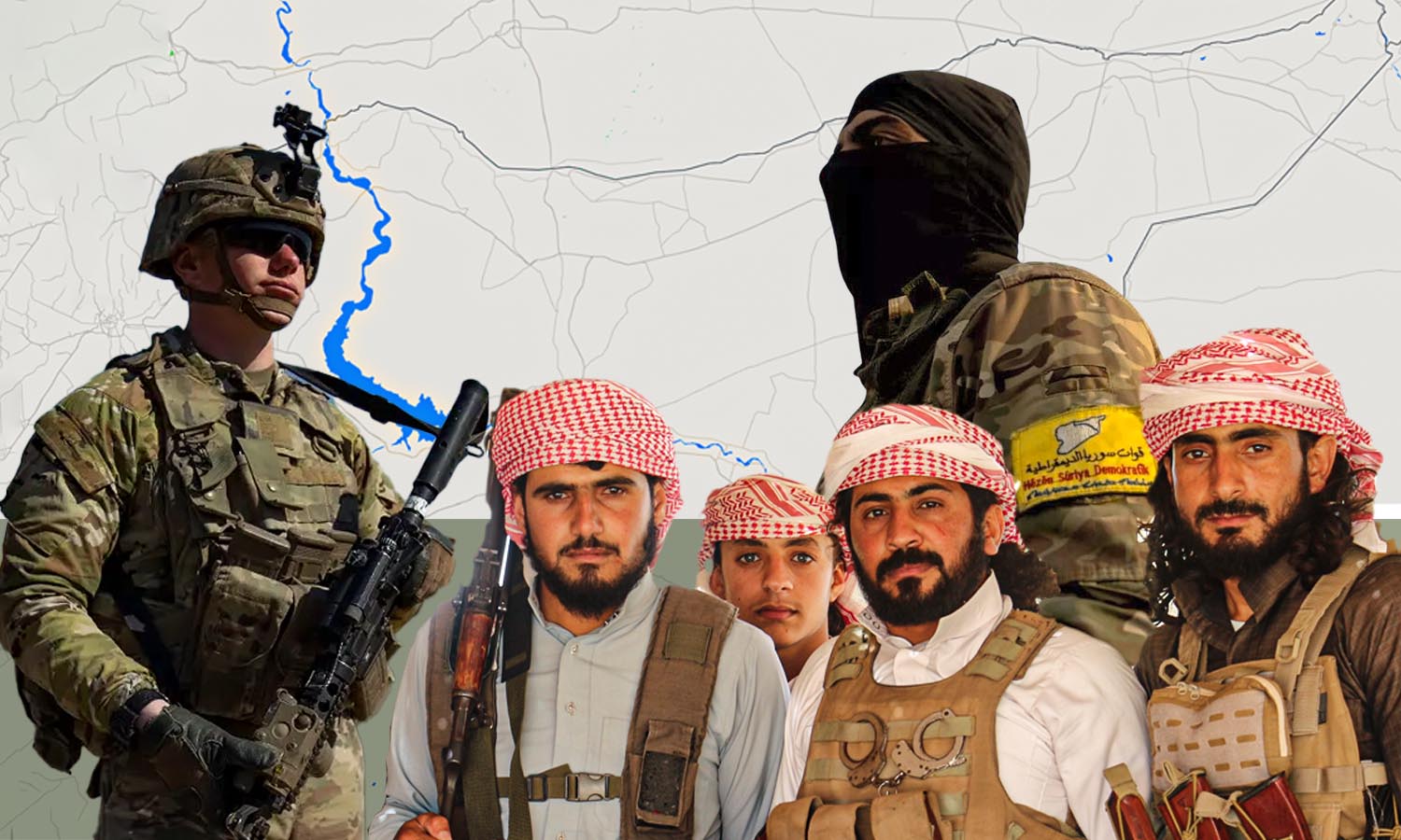 مقاتلون من أبناء العشائر ومقاتل من "قوات سوريا الديمقراطية" (قسد) وجندي أمريكي (تعديل عنب بلدي)