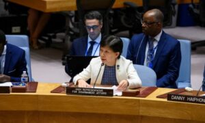 الممثلة السامية للأمم المتحدة لشؤون نزع السلاح إيزومي ناكاميتسو خلال جلسة مجلس الأمن المخصصة حول نزع السلاح الكيماوي في سوريا- 7 أيلول 2023 (الأمم المتحدة)