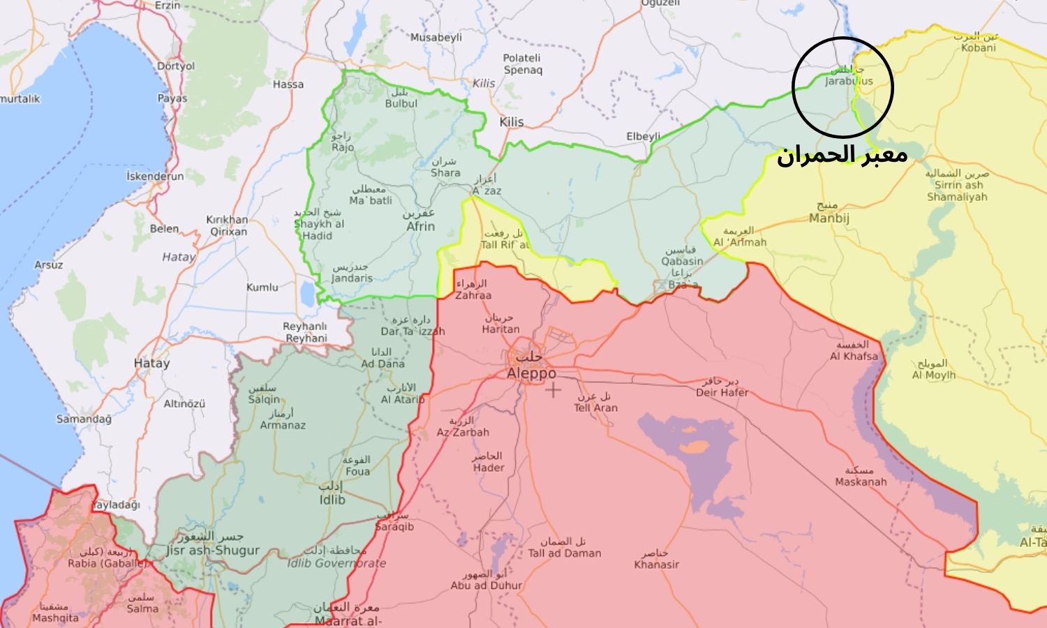 خريطة توضح مكان معبر "الحمران" الفاصل بين مناطق سيطرة "الحكومة المؤقتة" و"قوات سوريا الديمقراطية" (قسد) في منطقة جرابلس شمال شرقي حلب (Guerra map)