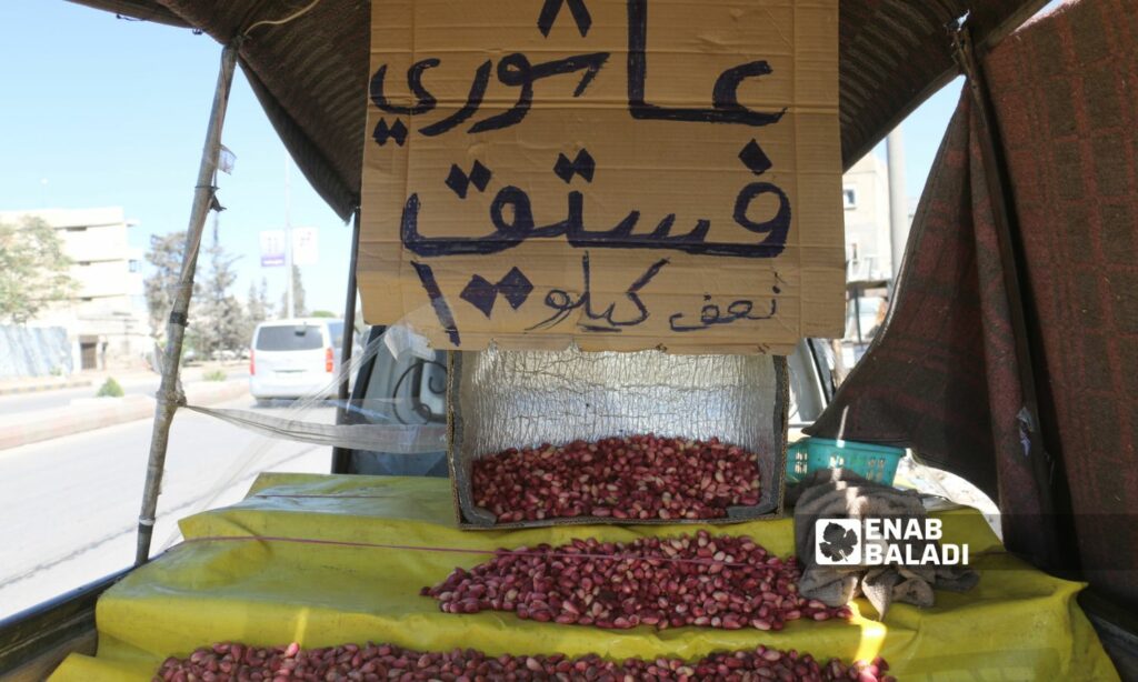 يباع كيلو الفستق الحلبي على “البسطات” بريف حلب بـ200 ليرة تركية- 12 من أيلول 2023 (عنب بلدي/ ديان جنباز)