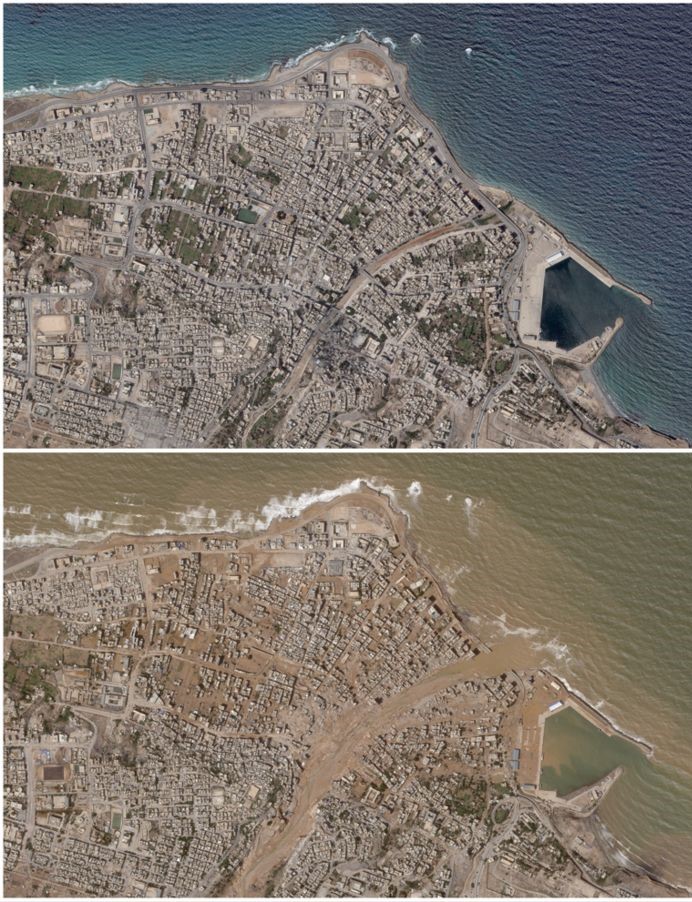 صورة من الأقمار الصناعية لمدينة درنة الليبية قبل وبعد الفيضان-12 أيلول 2023(فرانس بريس)