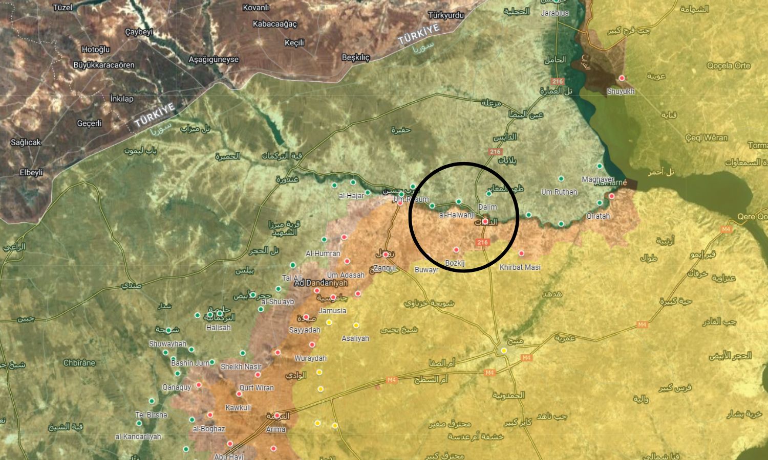 خريطة توضح موقع قريتي الحلونجي ومحسنلي بريف حلب الشرقي (Guerra map)