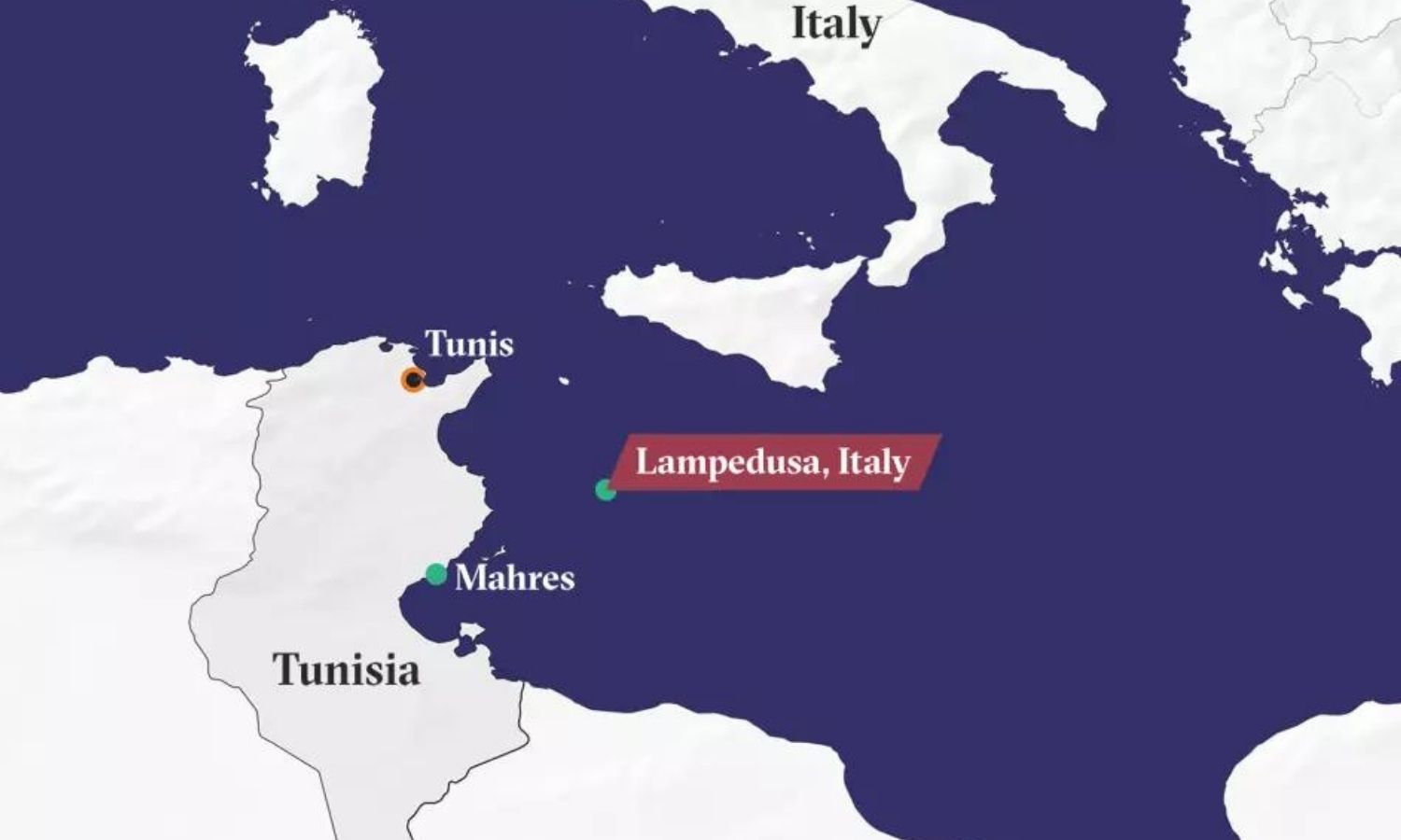 موقع جزيرة لامبيدوزا الإيطالبية وقربها من السواحل التونسية (the new humanitarian)