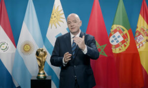 جياني انفانتينو  رئيس الفيفا يؤكد اقامة مونديال 2030 مشتركا بين المغرب واسبانيا والبرتغال  - 4 من تشرين الاول 2023 (Screenshot video FIFA)