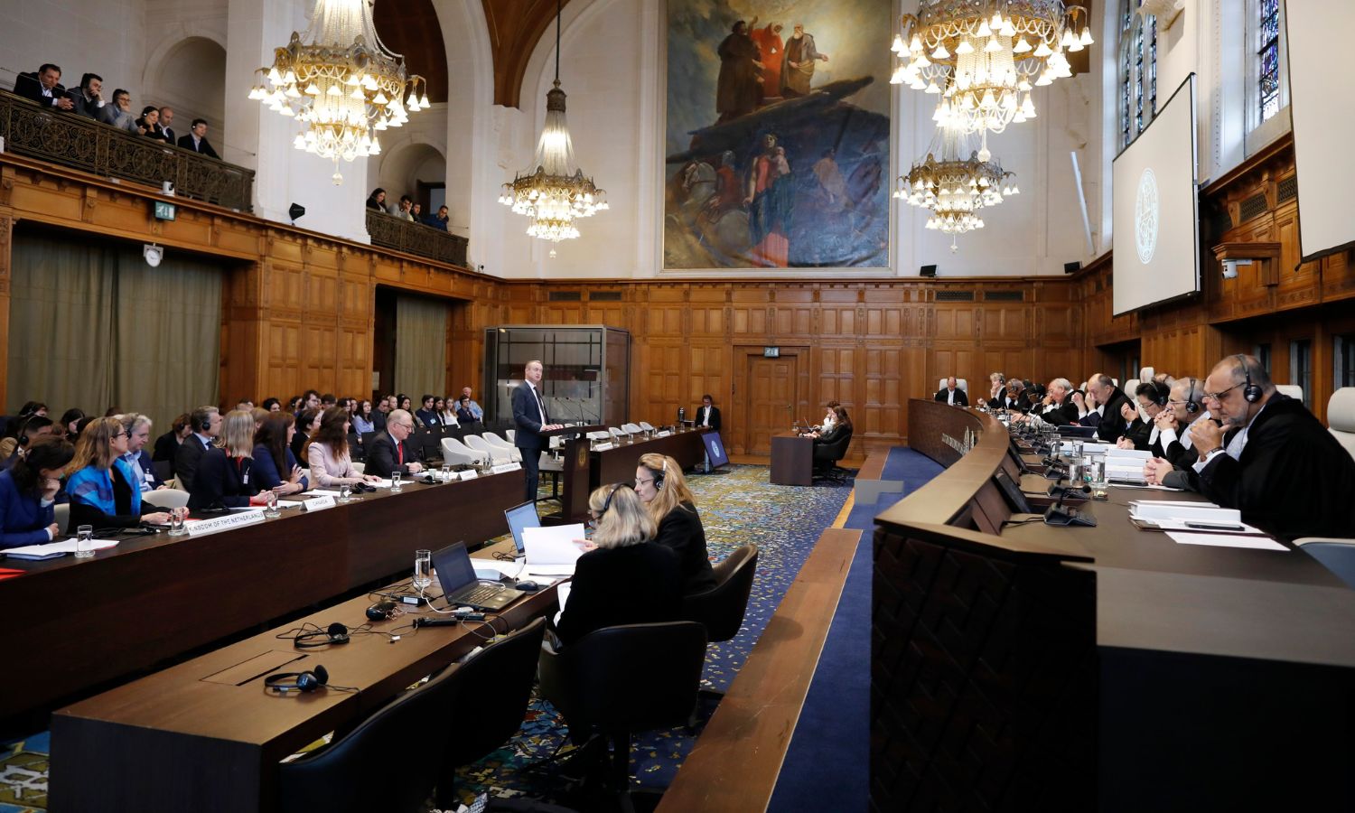 من جلسة الاستماع الأولى في محكمة العدل الدولية بالدعوى المرفوعة ضد سوريا من كندا وهولندا- 10 تشرين الأول 2023 (محكمة العدل الدولية/إكس)