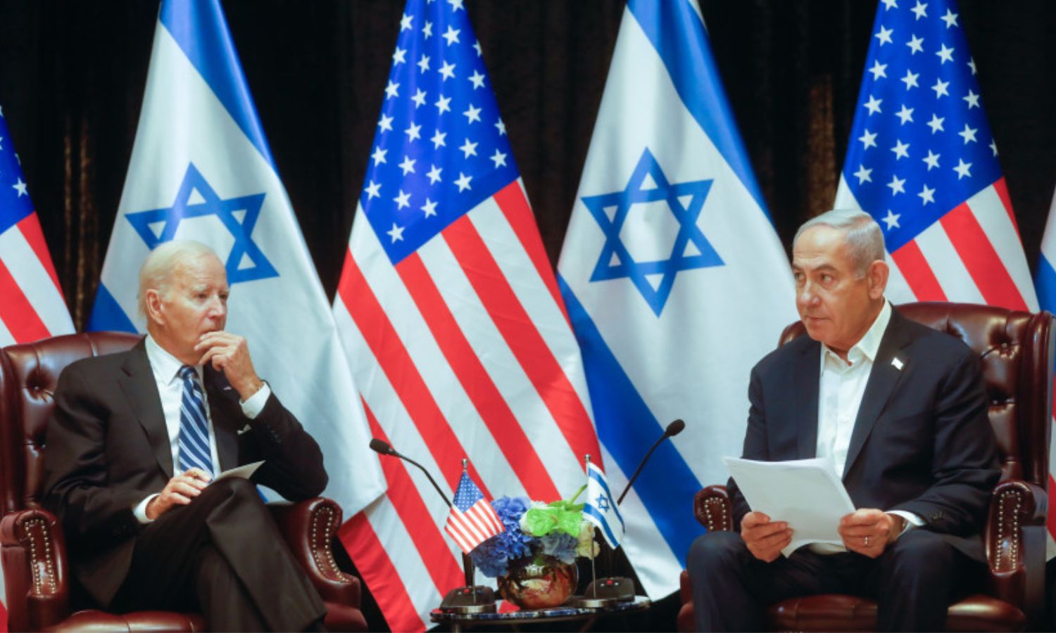 الرئيس الأمريكي، جو بايدن، يلتقي رئيس الوزراء الإسرائيلي، بنيامين نتنياهو في إسرائيل- 18 من تشرين الأول 2023 (FLASH90)