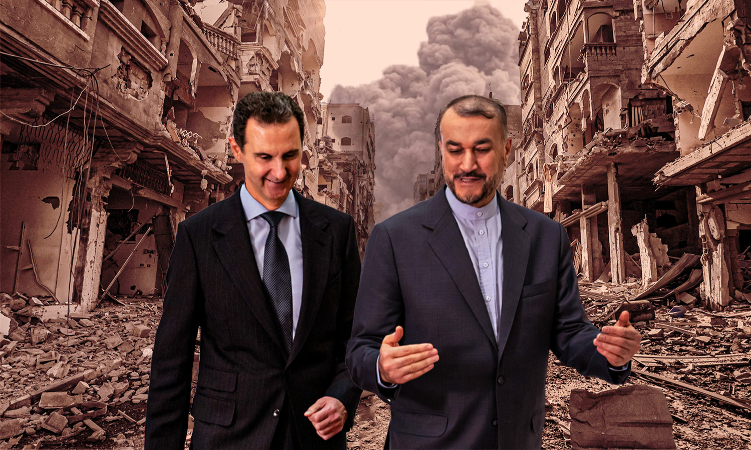 وزير الخارجية الإيراني حسين أمير عبد اللهيان ورئيس النظام السوري بشار الأسد (تعديل عنب بلدي)