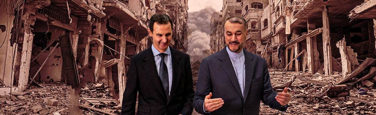 وزير الخارجية الإيراني حسين أمير عبد اللهيان ورئيس النظام السوري بشار الأسد (تعديل عنب بلدي)