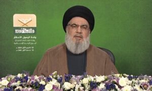 أمين عام "حزب الله" اللبناني، حسن نصر الله، يلقي كلمة في ذكرى المولد النبوي الشريف- 2 من تشرين الأول 2023 (المنار/ لقطة شاشة)