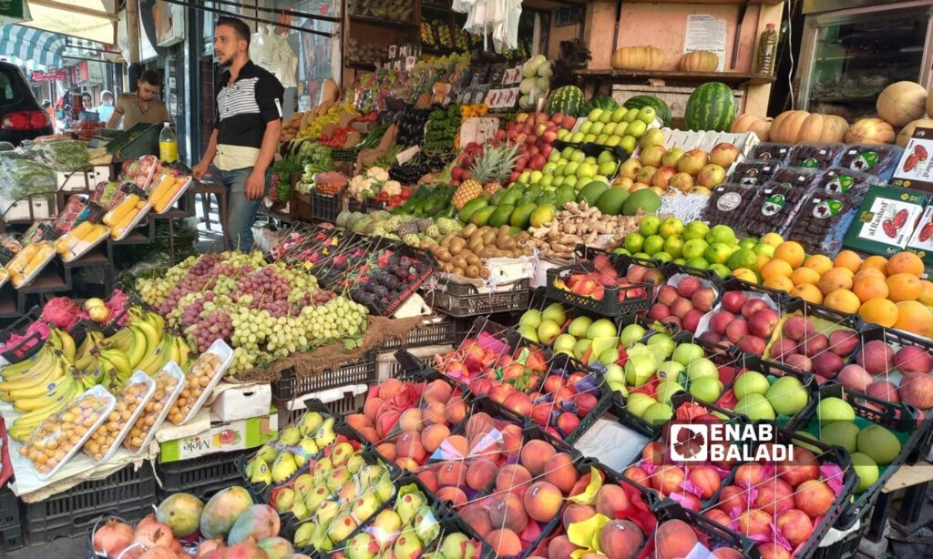 محل لبيع الخضراوات والفواكه في سوق "التنابل" في منطقة الشعلان بدمشق - 28 من أيلول 2023 (عنب بلدي / سارة الأحمد)