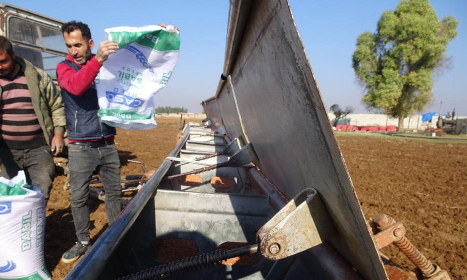 مزارعون شمال شرقي سوريا خلال عملهم في أرض زراعية- 7 من تشرين الثاني 2023 (هيئة الزراعة والري لشمال وشرق سوريا)