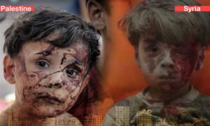 طفلان سوري ضحية قصف النظام السوري على ريف حلب 2016، وطفل فلسطيني ضحية قصف إسرائيلي على غزة 2023 