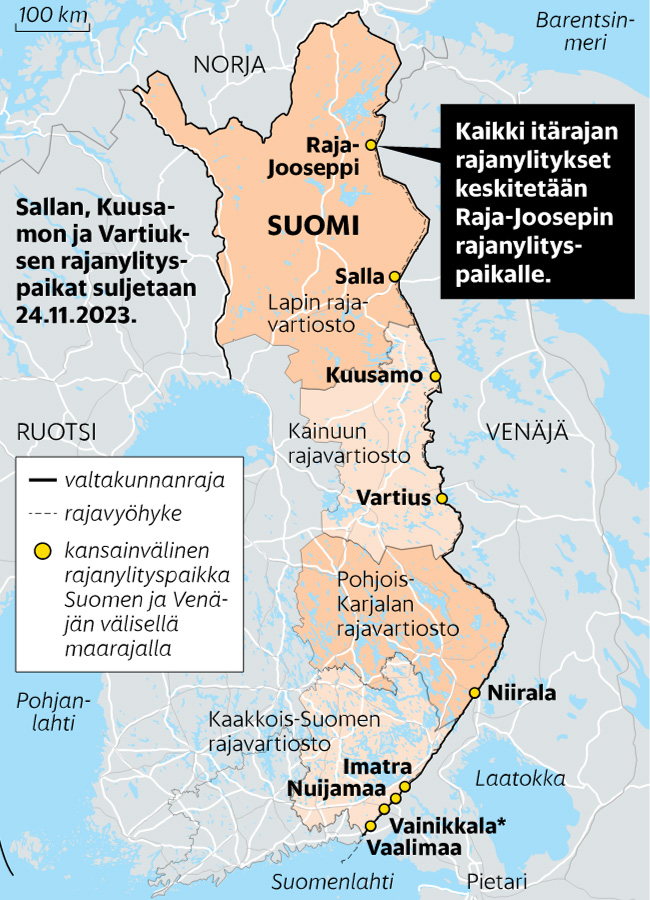 صورة توضيحية لموقع معبر راجا-جوسيبي الحدودي شرقي فنلندا (JENNI VIRTANEN / HS - ٢٢ من تشرين الثاني)