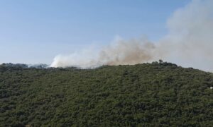 دخان قصف يتصاعد بعد استهداف طائرة حربية إسرائيلية لمنطقة اللبونة جنوبي لبنان في 16 من تشرين الثاني 2023 (AFP)