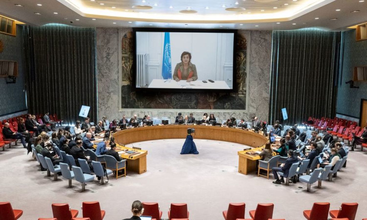 نائبة المبعوث الأممي الخاص لسوريا نجاة رشدي، خلال تقديم إحاطتها إلى مجلس الأمن- 28 تشرين الثاني 2023 (UN)
