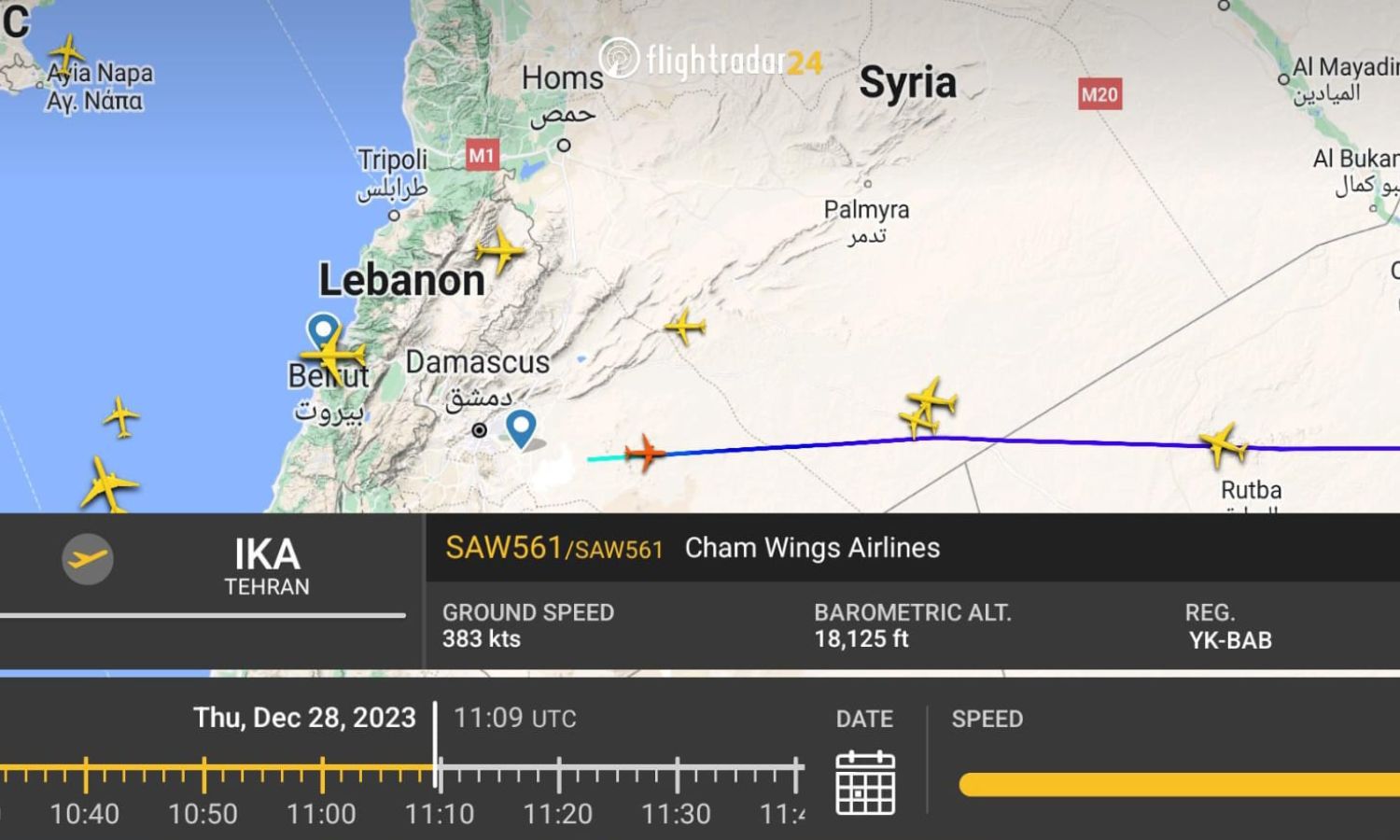 حركة الطيران من مطار دمشق الدولي- 29 من كانون الأول (لقطة شاشة/ FlightRadar 24)