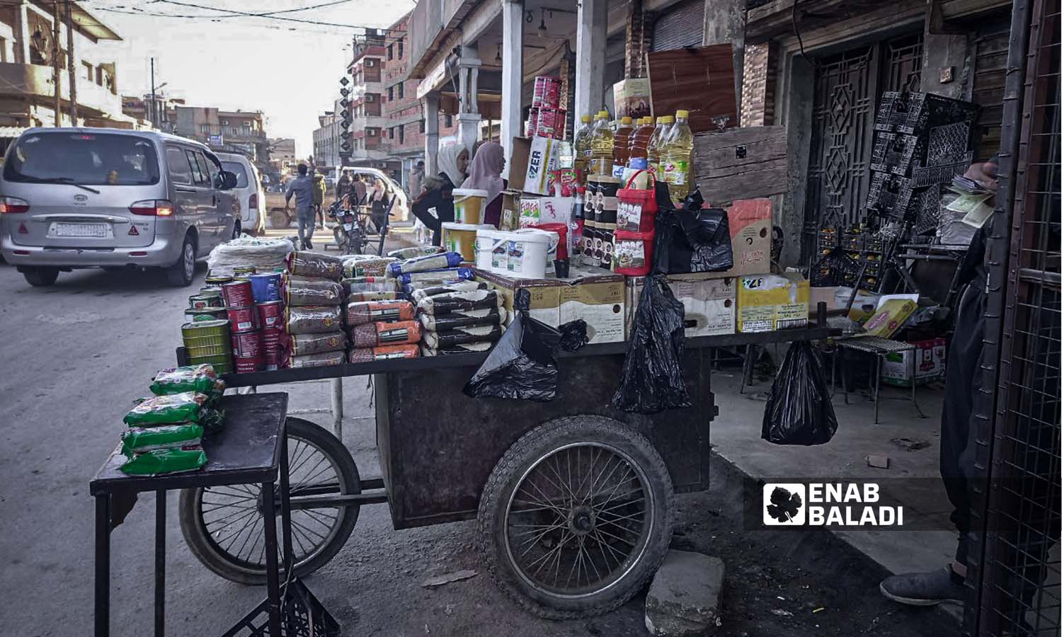 عربة لبيع البقوليات والمواد الغذائية في مدينة القامشلي - 1 من كانون الاول 2023 (عنب بلدي/ريتا الأحمد)