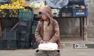 طفل يبيع الخبز في أحد شوارع رأس العين، شمال غربي الحسكة- 16 من كانون الثاني 2024 (عنب بلدي)