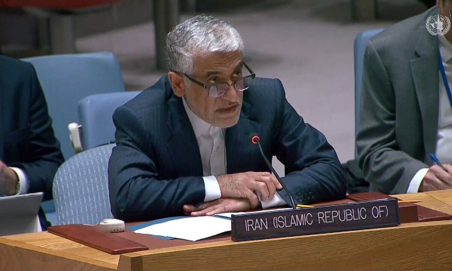 سفير إيران لدى الأمم المتحدة، أمير سعيد إيرواني يلقي كلمة- 30 من كانون الثاني 2024 (إرنا)