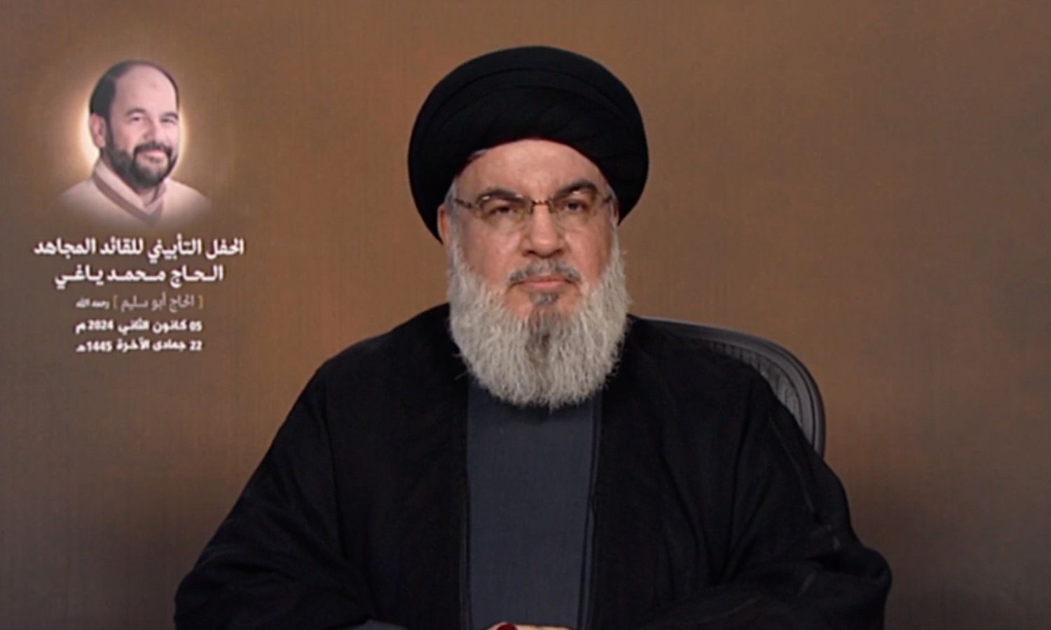الأمين العام لـ"حزب الله" اللبناني، حسن نصر الله، خلال كلمة ألقاها- 5 من كانون الثاني 2024 (المنار)