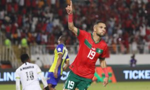يوسف hgنصيري لاعب المغرب يحتفل بتسجيله الهدف الثالث بمرمى تنزانيا في أمم إفريقيا – 17 من كانون الثاني 2024 (CAF)
