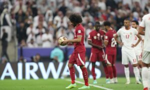 أكرم عفيف لاعب منتخب قطر لكرة القدم خلال نهائي كأس أمم آسيا أمام الأردن- 10 من شباط 2024 (الاتحاد القطري لكرة القدم)
