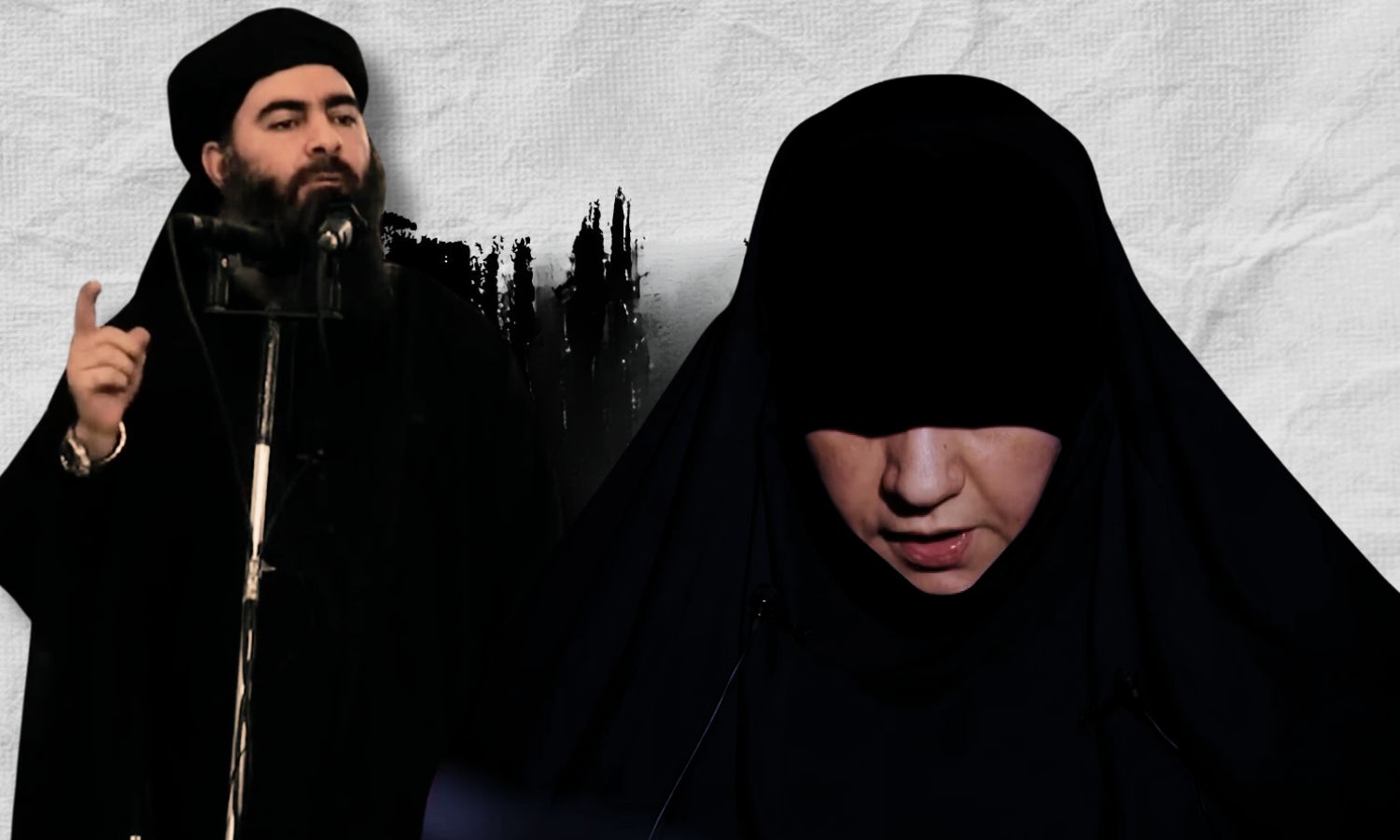 زوجة زعيم تنظيم الدولة أبو بكر البغدادي وخلفها زعيم التنظيم نفسه (تعديل عنب بلدي)