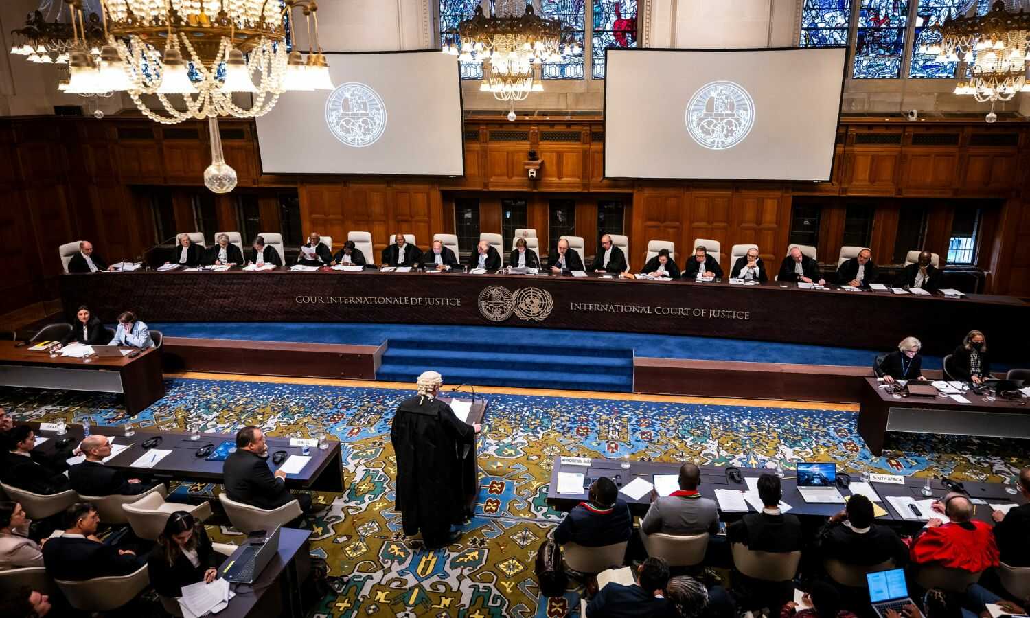 جلسة استماع بشأن التدابير المؤقتة المقدمة من جنوب أفريقيا ضد إسرائيل في محكمة العدل الدولية- 12 من كانون الثاني 2024 (محكمة العدل الدولية/ تويتر)