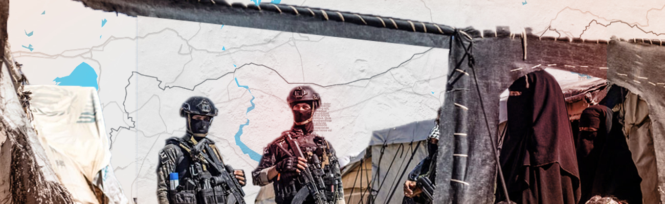 "قوى الأمن الداخلي" التابعة لـ"الإدارة الذاتية" تتفقد الخيام في مخيم الهول - 28  آب2022 (AFP/ تعديل عنب بلدي)
