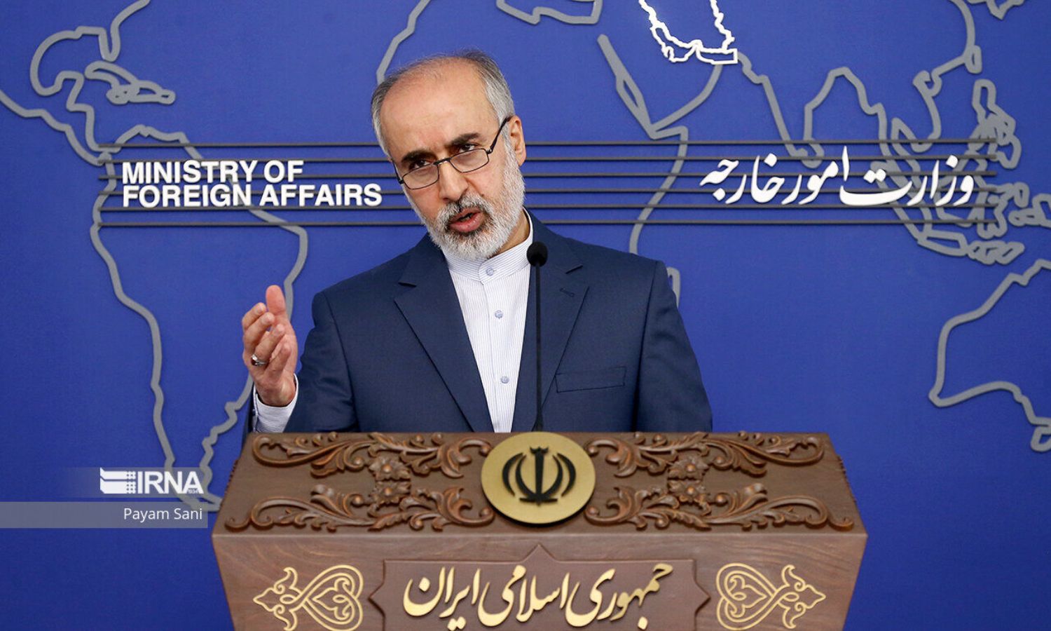 المتحدث باسم وزارة الخارجية الإيرانية، ناصر كنعاني، خلال مؤتمره الصحفي الأسبوعي- 9 من كانون الثاني 2023 (إرنا)