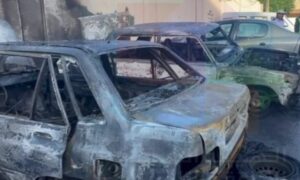 سيارات محترقة في العاصمة السورية بانفجار عبوة ناسفة- 25 من أيار 2024 (سانا)