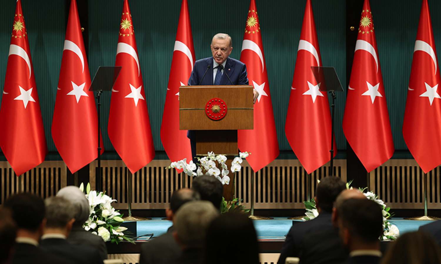 الرئيس التركي رجب طيب أردوغان خلال كلمة ألقاها في المجمع الرئاسي بالعاصمة أنقرة- 7 من أيار 2024 (الأناضول)