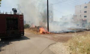 خلال إطفاء حريق أعشاب يابسة في مدينة شهبا- 3 من حزيران 2024 (فوج إطفاء السويداء- فيس بوك)