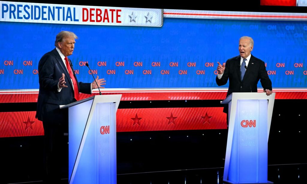 من المناظرة الأولى التي جرت بين ترامب وبايدن في الانتخابات الرئاسية الحالية في أمريكا- 28 من حزيران 2024 (CNN)