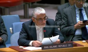 خلال حديث مندوب إيران في مجلس الأمن عن اجتماعات اللجنة الدستورية السورية- 25 من حزيران 2024 (إرنا)