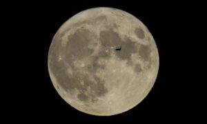 طائرة في سماء مدينة شيكاغو الأمريكية تمر أمام القمر- 30 من آب 2023 (AP)